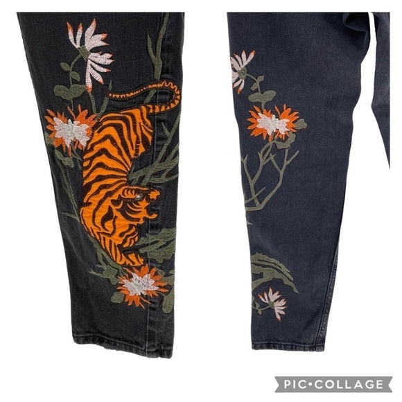 Topshop Moto Mom Tiger Embroidered Black Jeans - Sz 26 - Picture 8 of 13